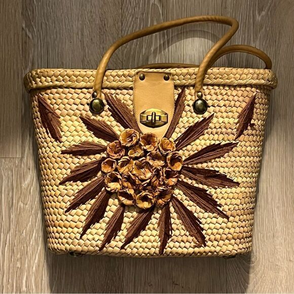 Straw Wicker 60s 70s Vintage Woven Large Dual Handle Yarn Floral Yarn Tote Bag - Picture 3 of 11